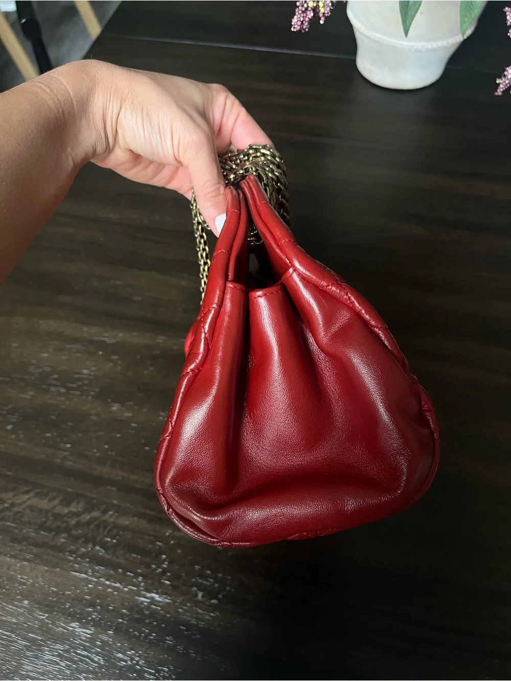 CHANEL Red Quilted Leather Shoulder Bag with Gold Chain and CC Charm
